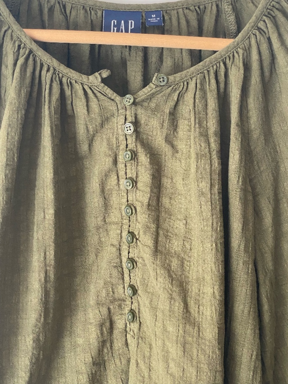 GAP Olive Green 100% Cotton Peasant Blouse 3/4 Ballon Sleeve Size M Women's - Picture 3 of 7